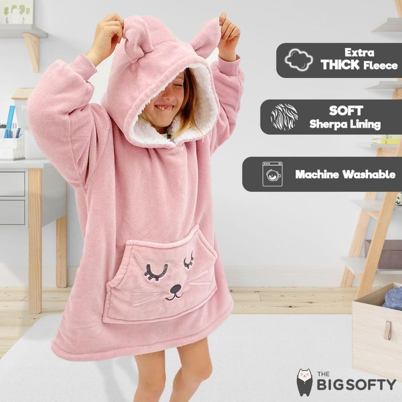 The Big Softy بطانية يمكن ارتداؤها للأطفال من 3 إلى 10 سنوات، بطانية بغطاء للرأس للأطفال على شكل حيوانات مرحة، سترة من صوف الشيربا بغطاء للرأس، قلنسوة مريحة كبيرة الحجم للأولاد والبنات والأطفال الصغار (الأرنب الوردي) - Image 2